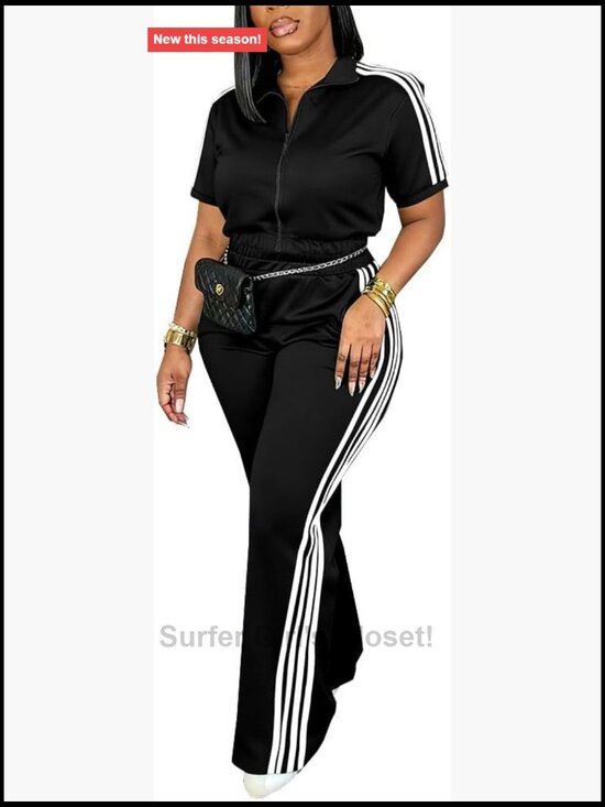 Pants - Two Piece Tracksuit Set Zip Up Polo Crop Top Flare Pants Athletic Casual Outfit